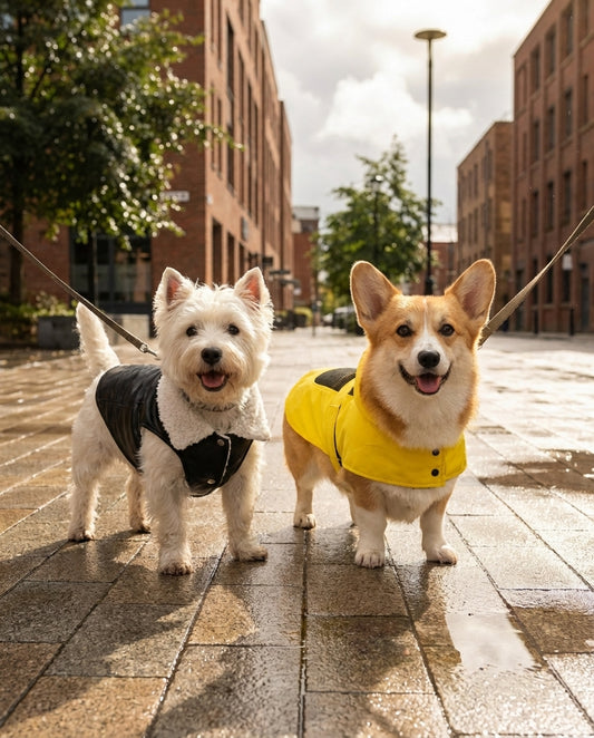Two dogs, a white one and a corgi, wearing raincoats on a city street.