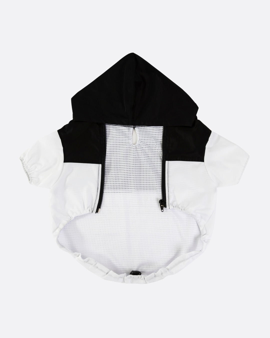 Black and white hooded garment on a white background