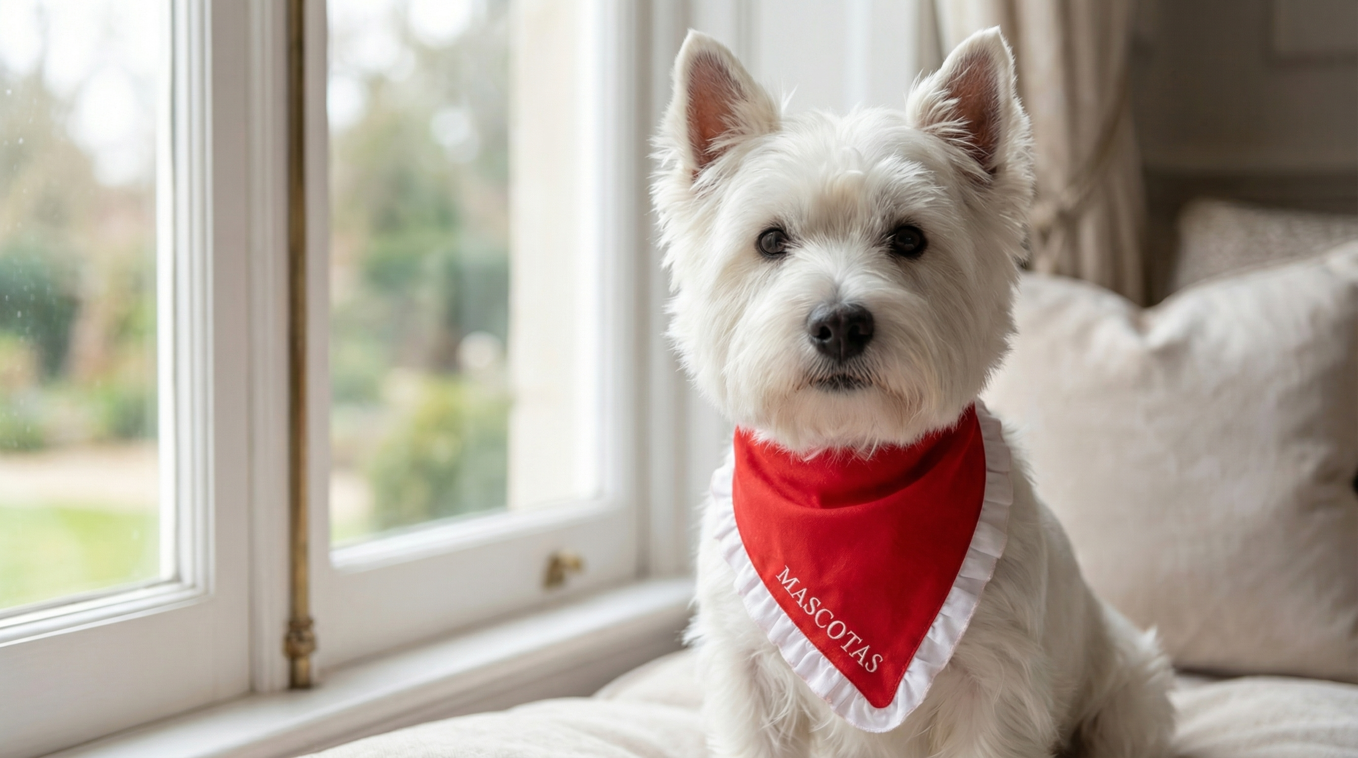 White dog wearing a red bandana with 'Mascotas' printed on it, sitting by a window.