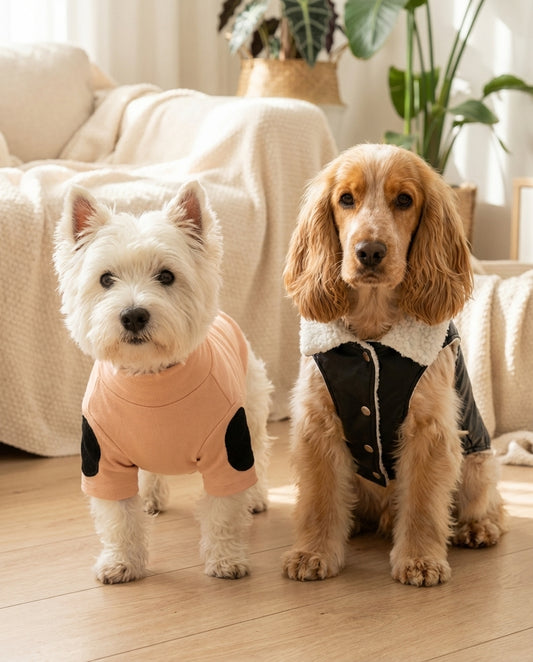Two dogs wearing outfits standing on a wooden floor with a neutral background