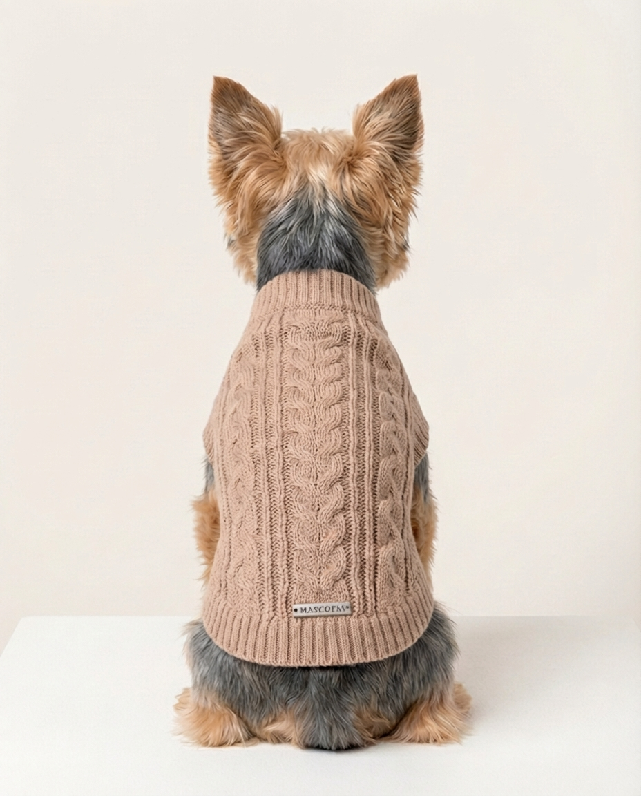 Dog wearing a beige knitted sweater on a white background