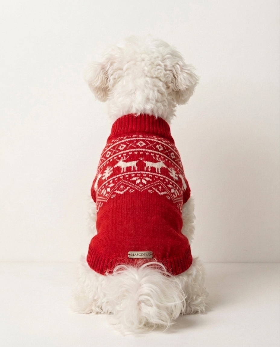 Dog wearing a red sweater with reindeer pattern on a white background