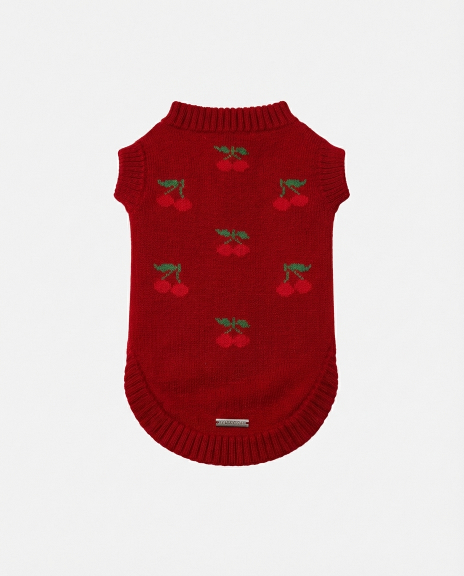 Red knitted dog sweater with cherry pattern on a white background