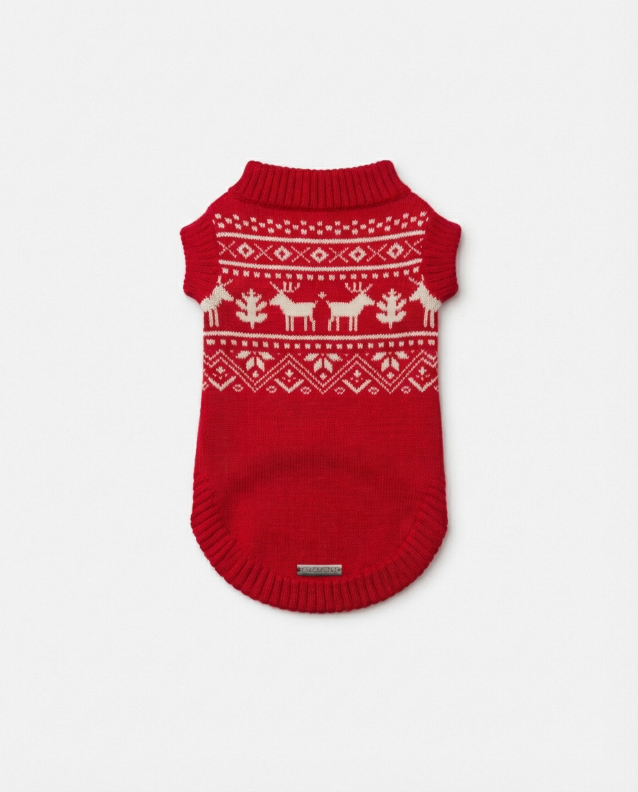 Red dog sweater with white reindeer pattern on a light gray background