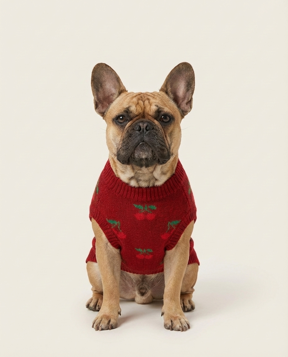Dog wearing a red sweater with green patterns on a white background