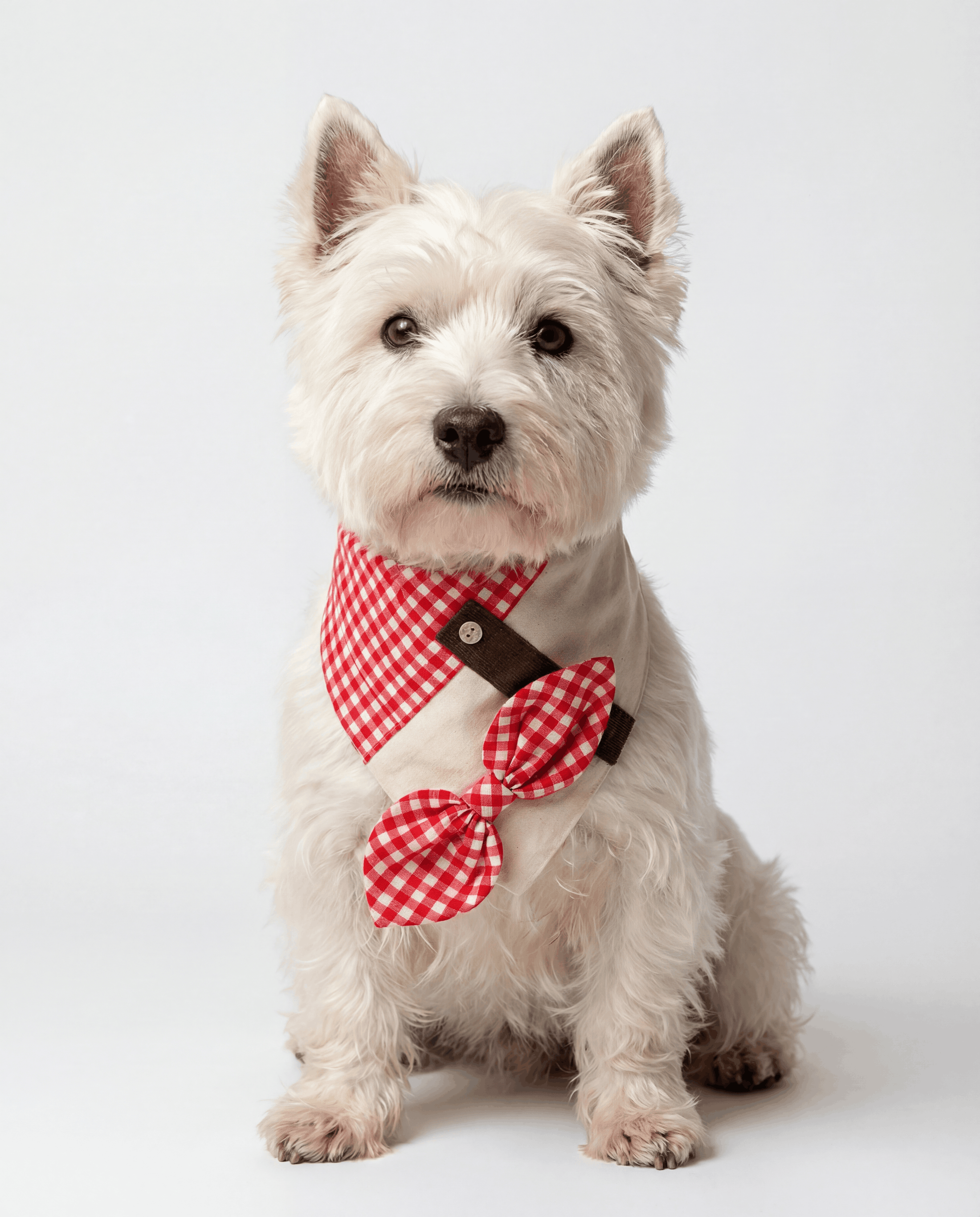 White dog wearing a red checkered bow tie and harness on a white background