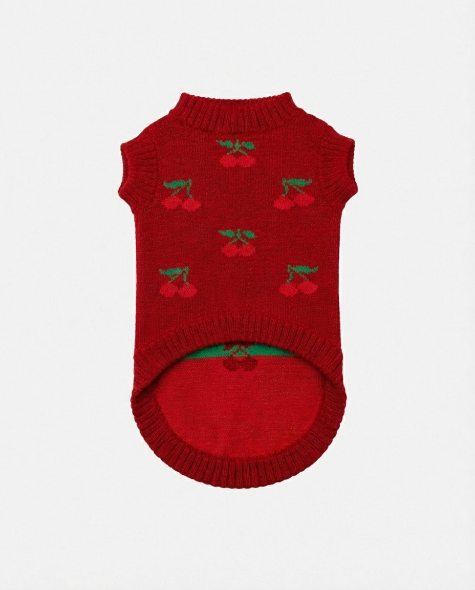 Red knitted dog sweater with cherry pattern on a white background