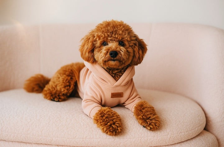 Small brown dog wearing a pink sweater sitting - casual dog hoodies