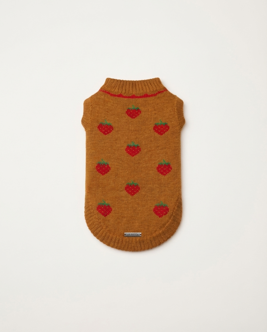 Brown dog sweater with strawberry pattern on a white background