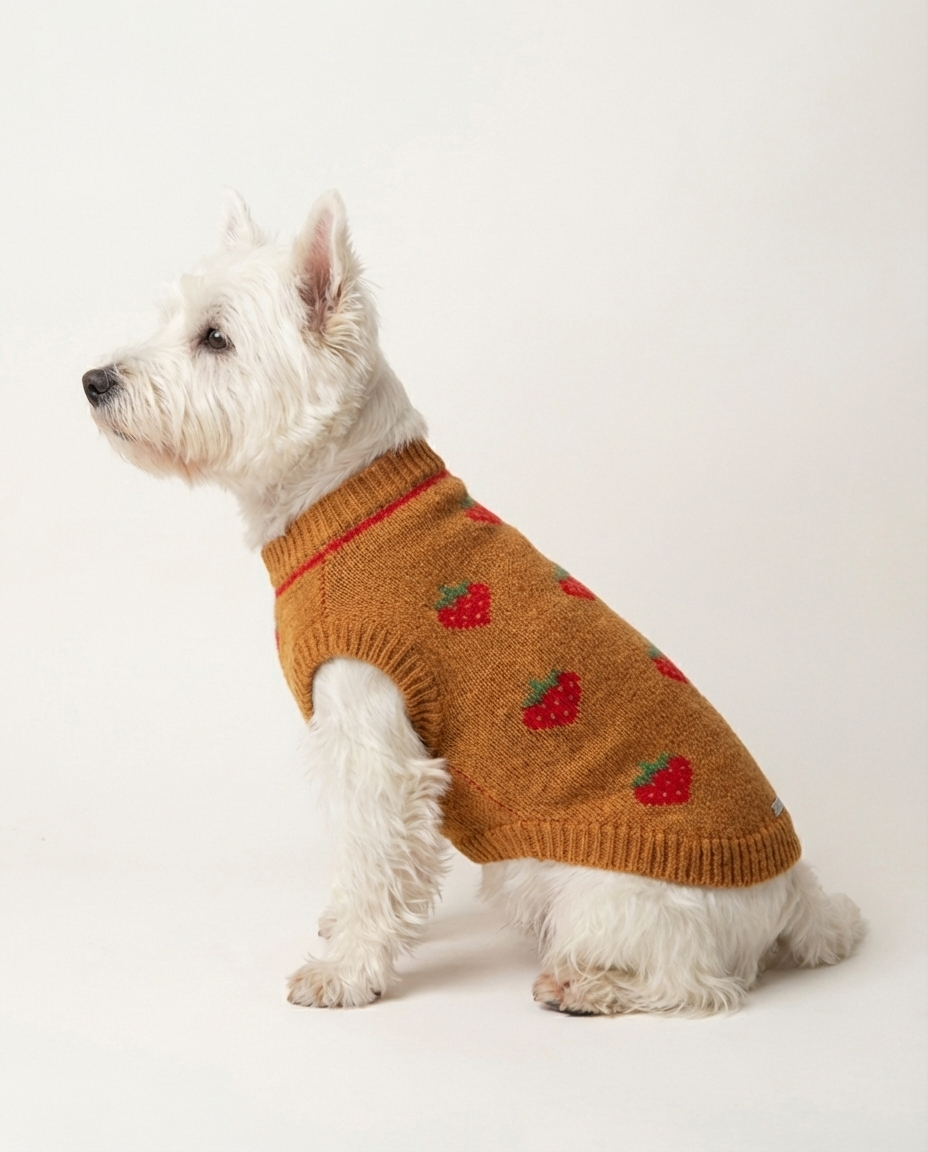 White dog wearing a brown knitted sweater with red apple patterns on a white background
