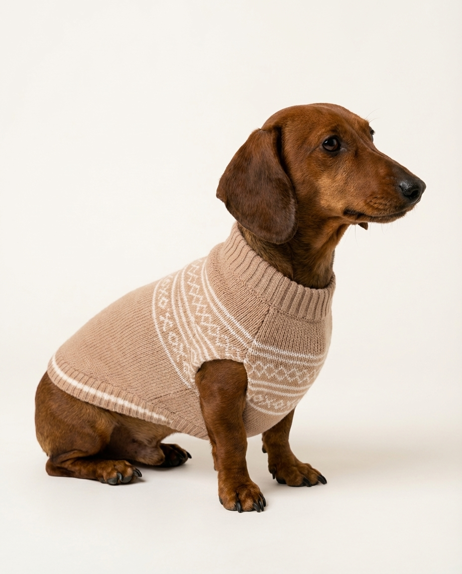 Dachshund wearing a brown knitted sweater on a white background