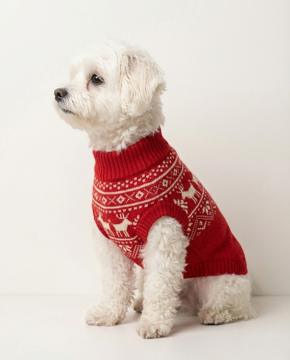 White dog wearing a red sweater with reindeer pattern on a white background
