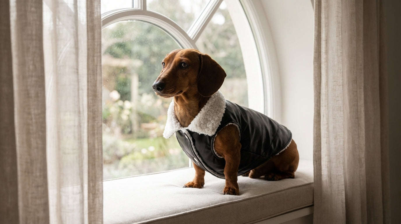 Dog wearing a gray sweater with a white fur collar sitting on a windowsill.