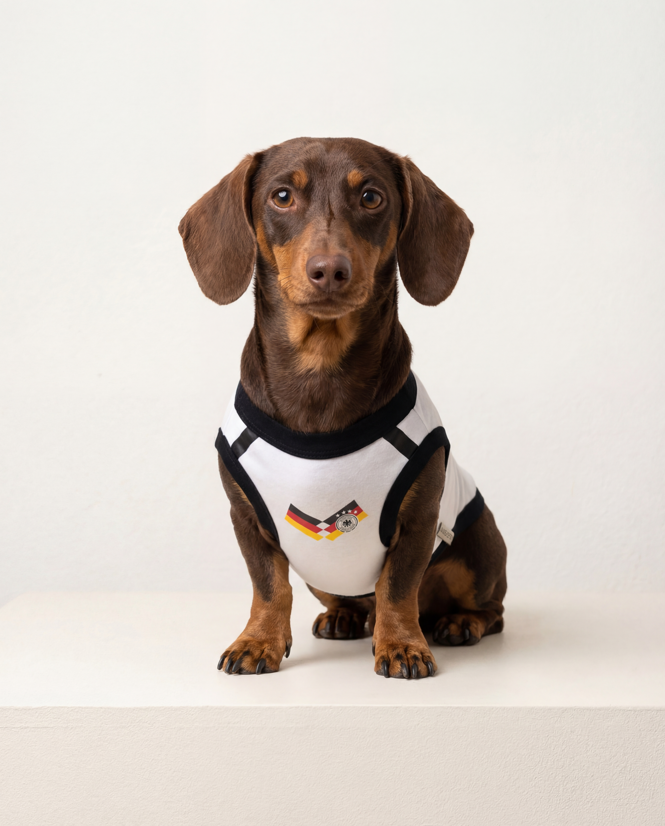 Dachshund wearing a white shirt with a logo on a white background