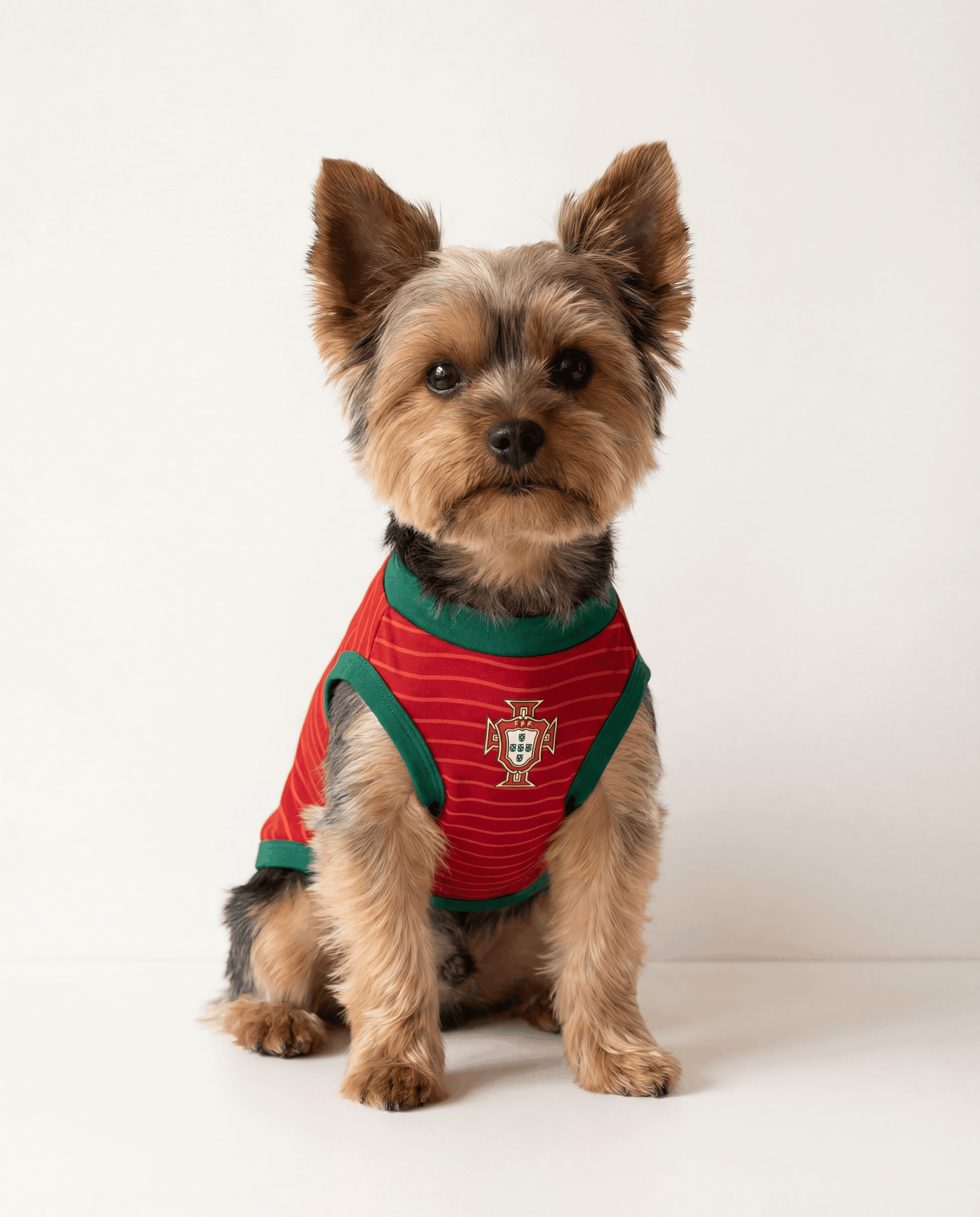 Small dog wearing a red and green striped shirt with a logo on a white background