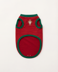 Load image into Gallery viewer, Red and green dog sweater with a logo on a white background
