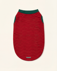 Load image into Gallery viewer, Red pet sweater with green trim on a beige background
