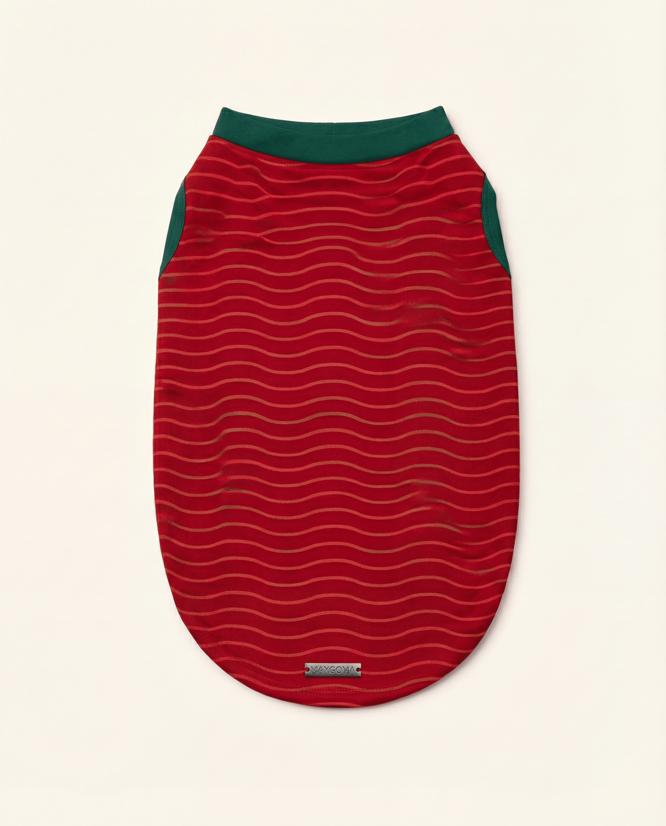 Red pet sweater with green trim on a beige background