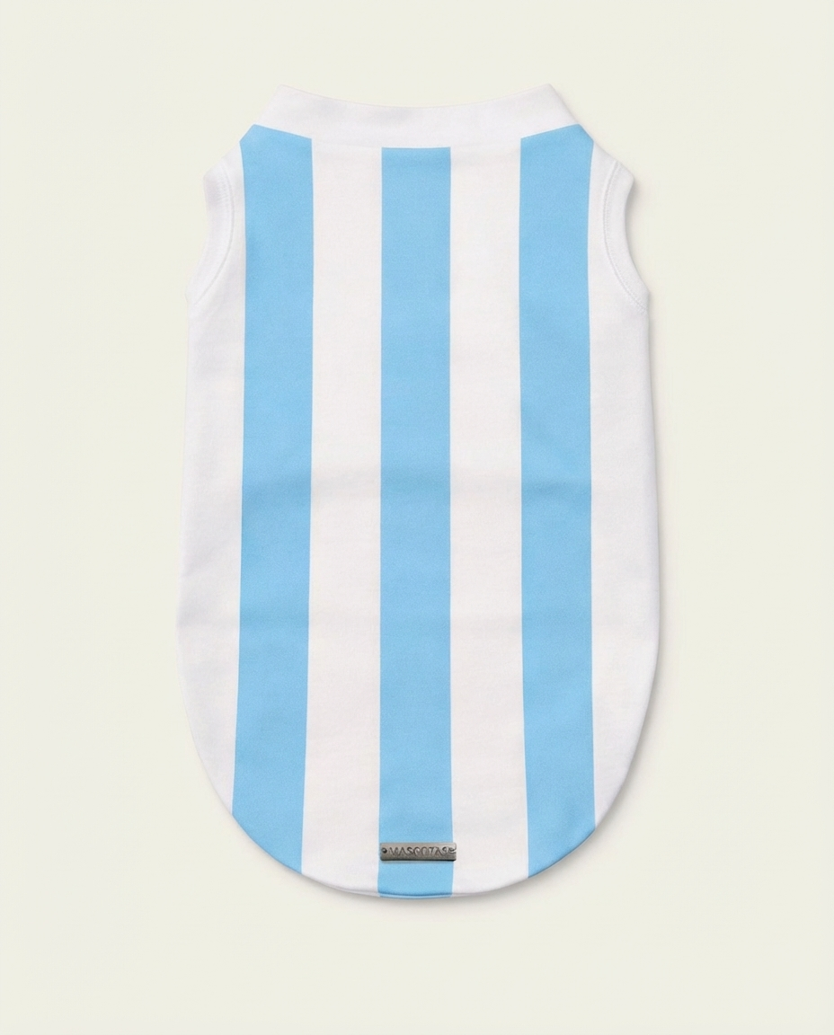 Dog vest with blue and white vertical stripes on a light beige background