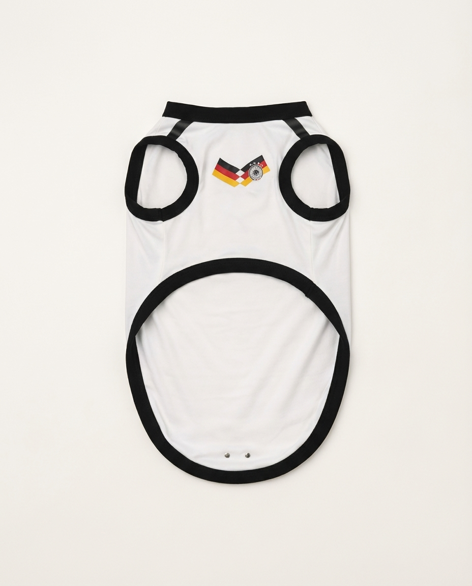 White dog harness with black straps on a white background