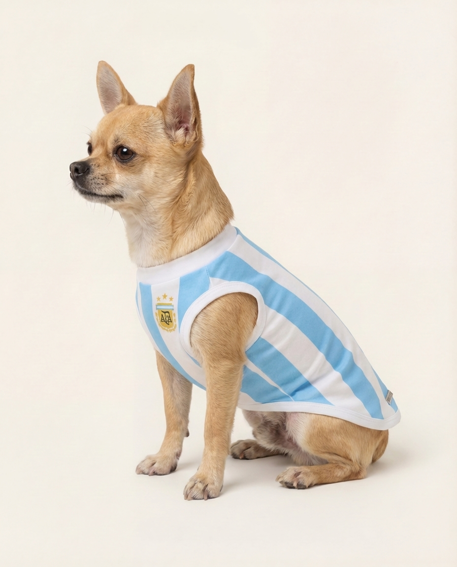 Small dog wearing a light blue and white checkered shirt on a beige background