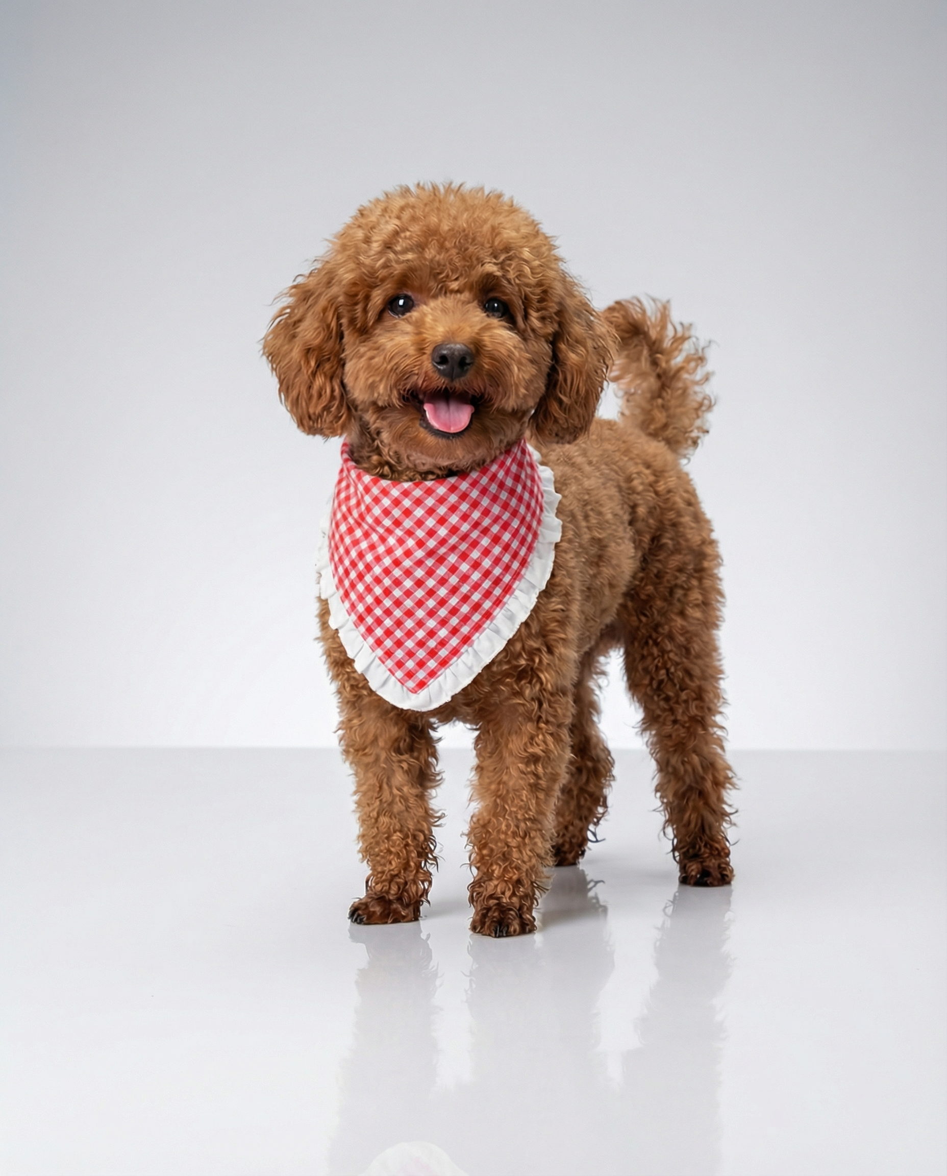 Brown dog wearing a red and white checkered bandana on a white background