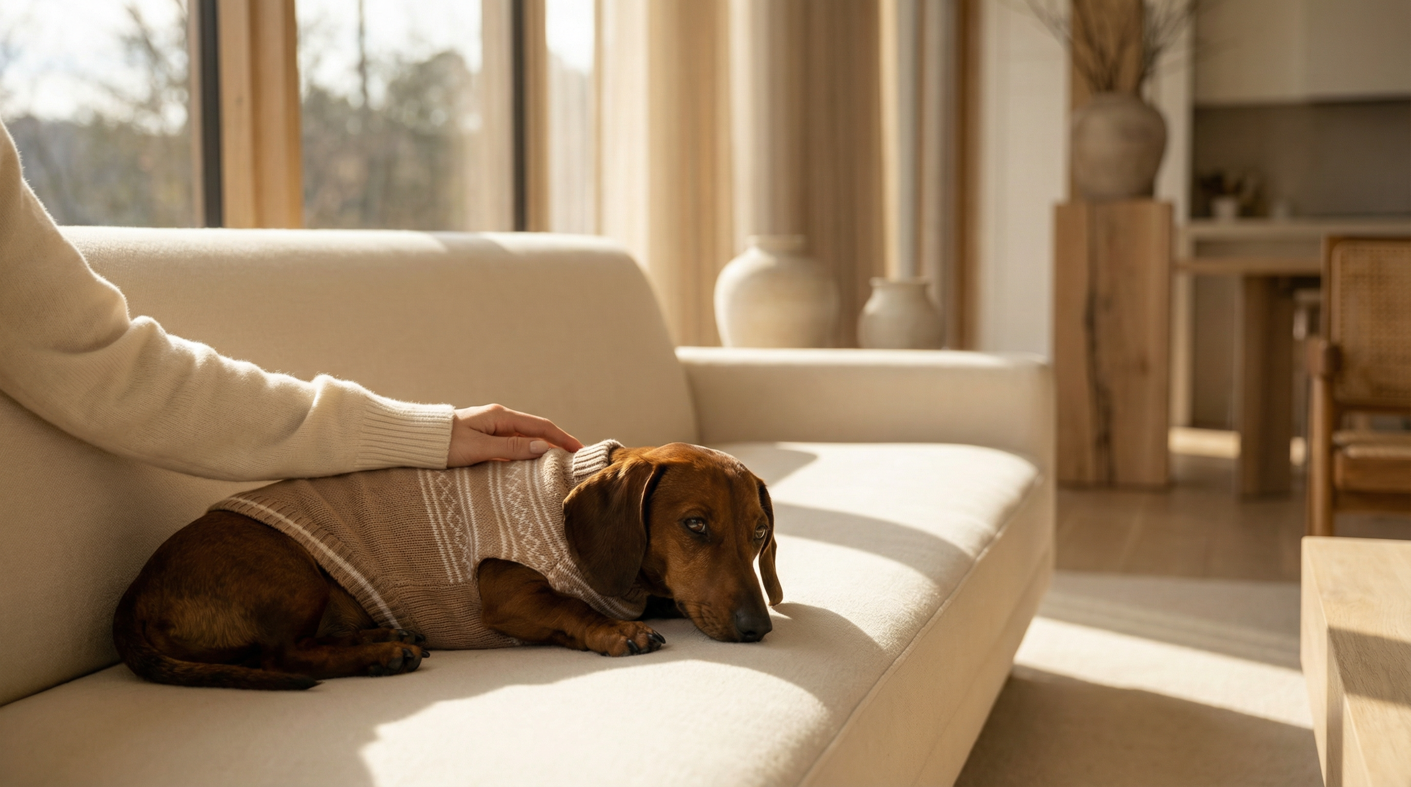 Dog wearing a sweater lying on a couch with a person's hand petting it, in a cozy living room.
