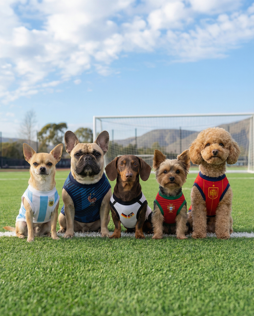 Five dogs wearing colorful shirts on a grassy field with a clear sky - mascotas dog clothing 