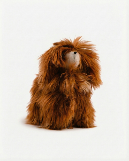 Plush lion toy with a white face on a light gray background