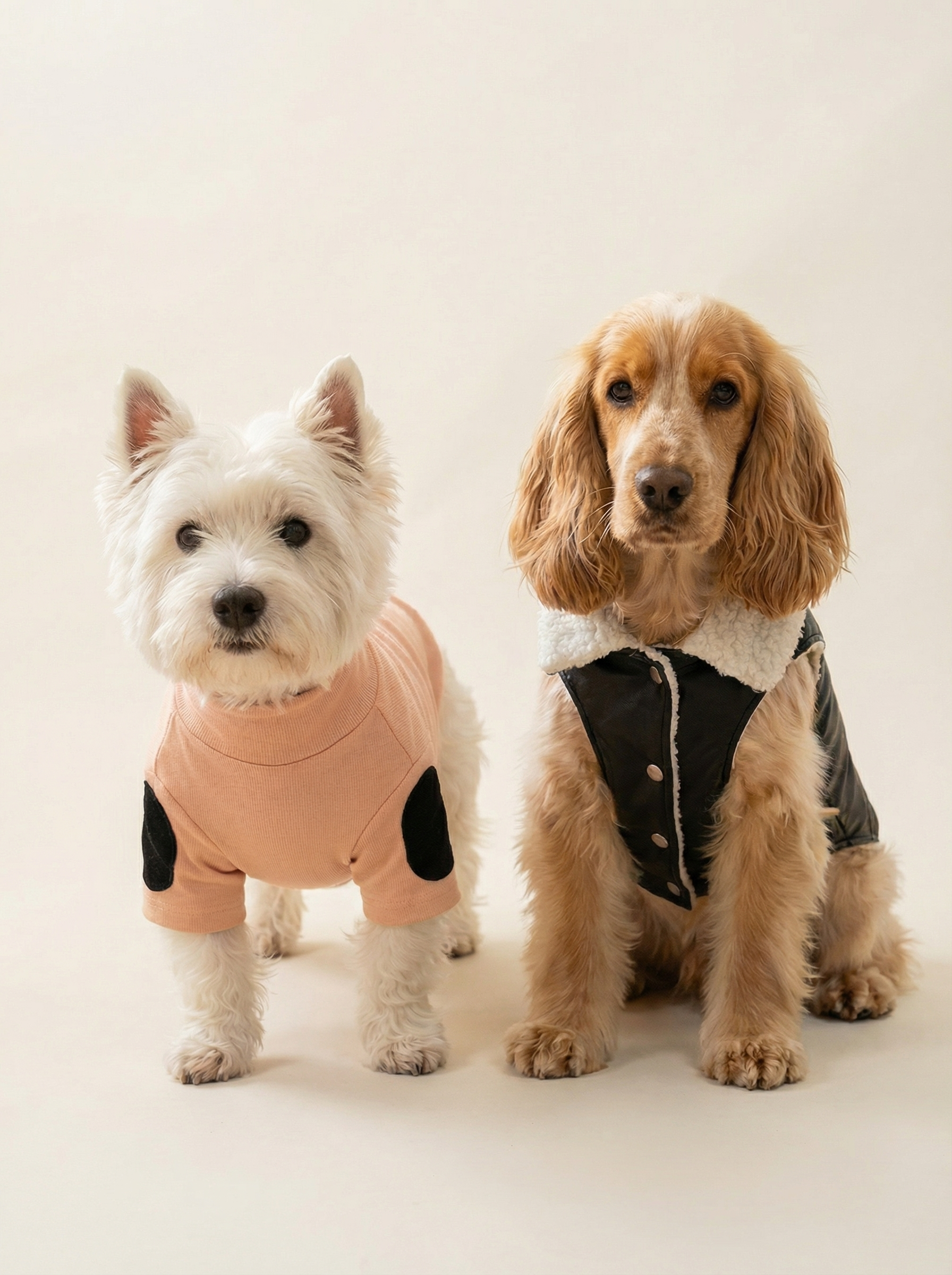Two dogs wearing outfits on a plain background