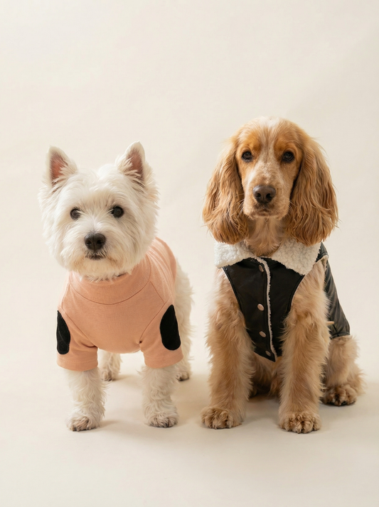 Two dogs wearing outfits on a plain background