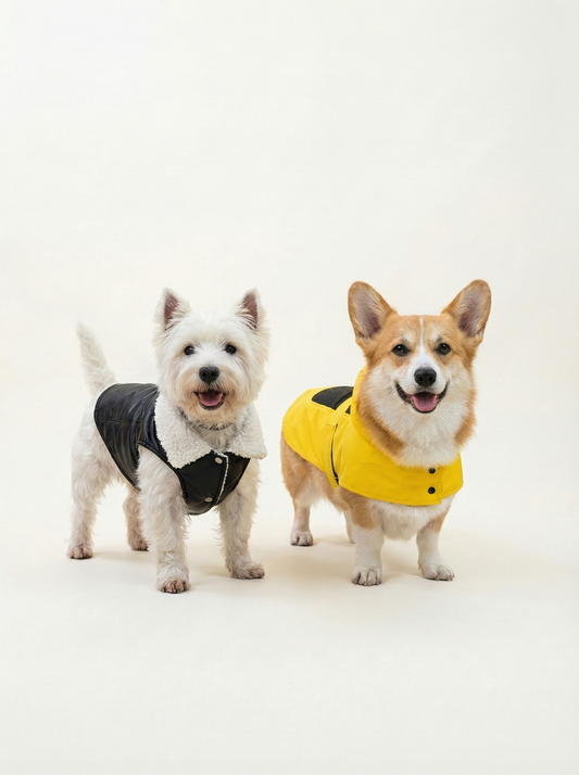 Two dogs wearing raincoats on a white background