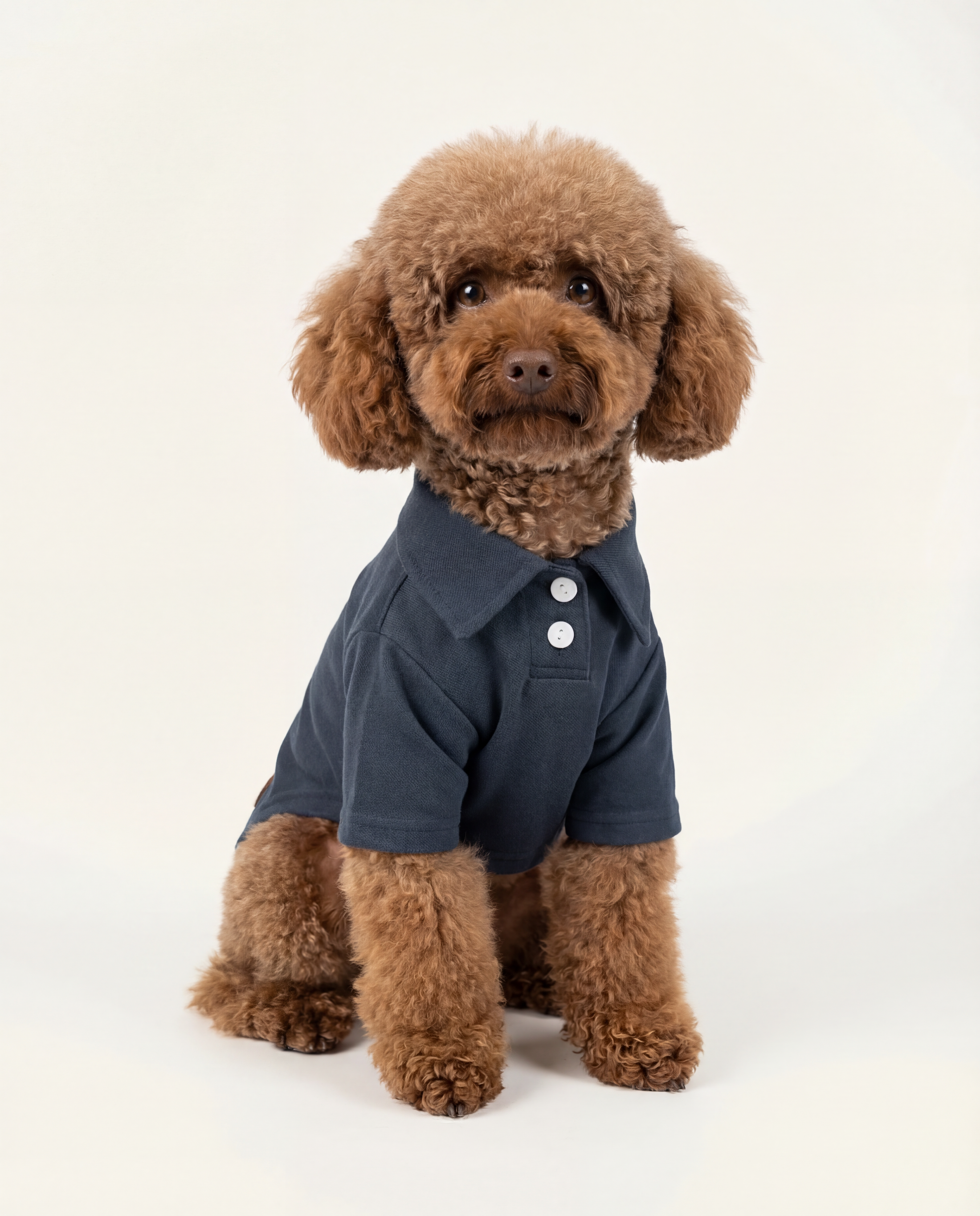 Brown dog wearing a navy blue coat with white buttons - Front of Timeless Pique Polo