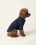 Load image into Gallery viewer, Small dog wearing a navy blue shirt - Side view of Timeless Pique Polo 
