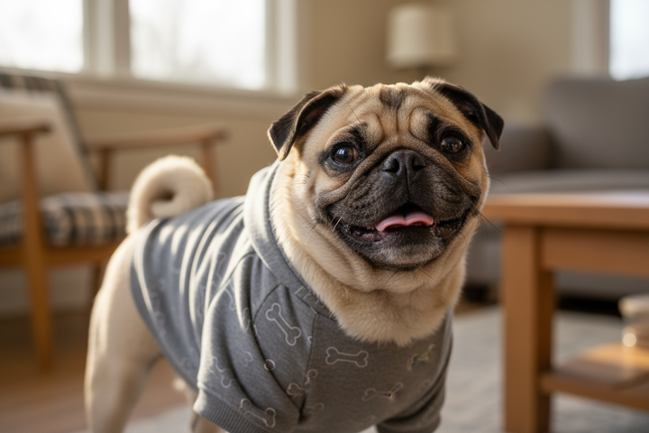 pug wearing a hoodie