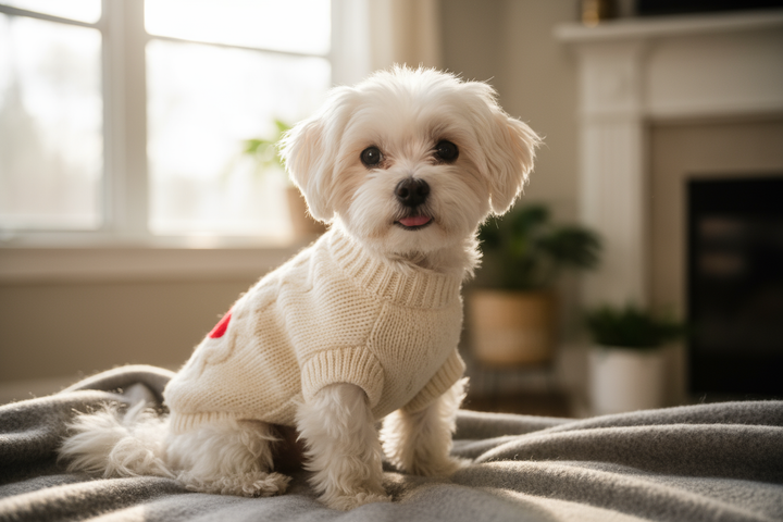 small white dog wearing a sweater