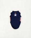 Load image into Gallery viewer, Navy blue pet dress with white star and red and white striped details -  USA support team t-shirt for dog
